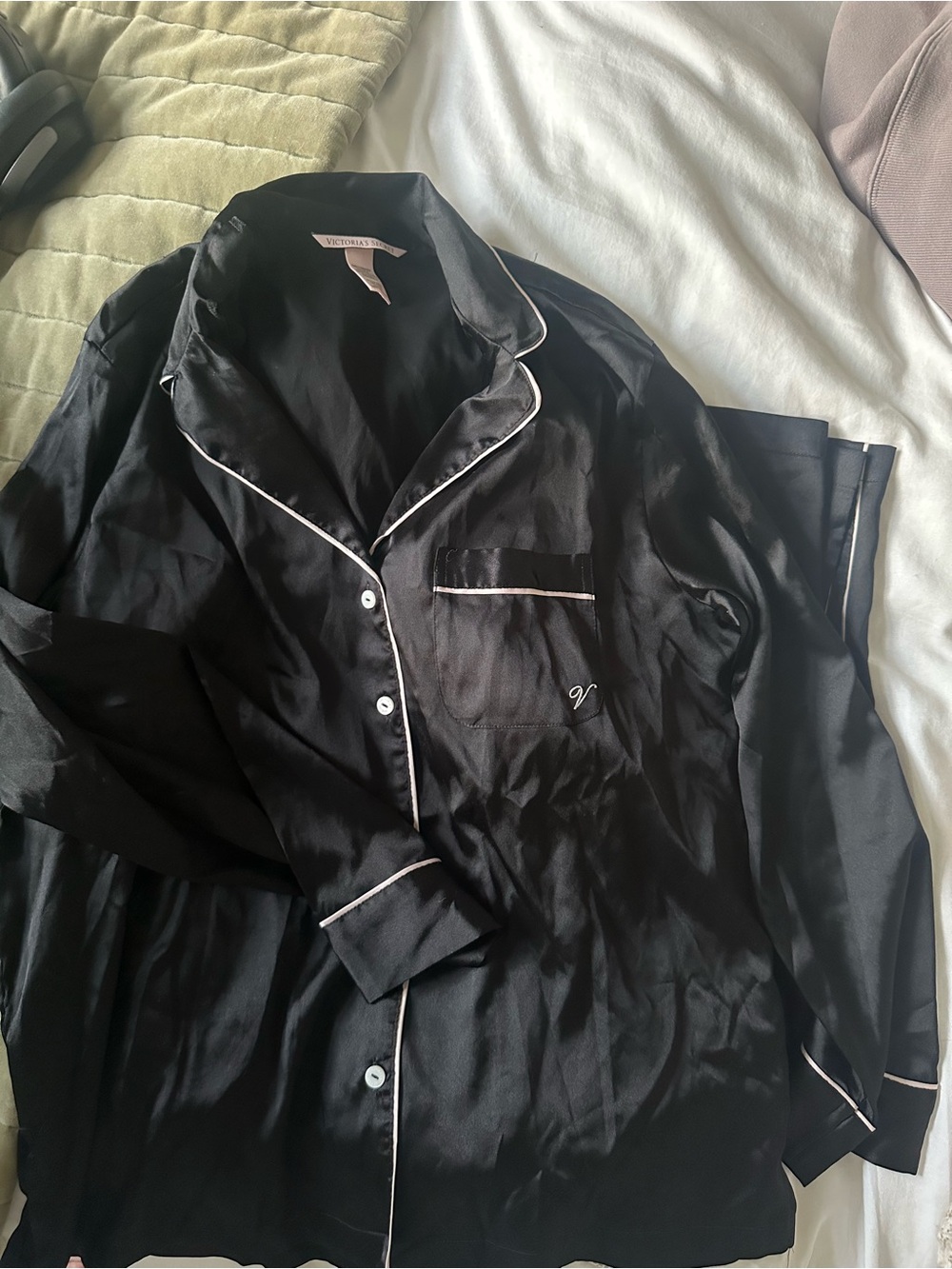 Victoria's Secret Black Satin PJ Set with White Side Stripe